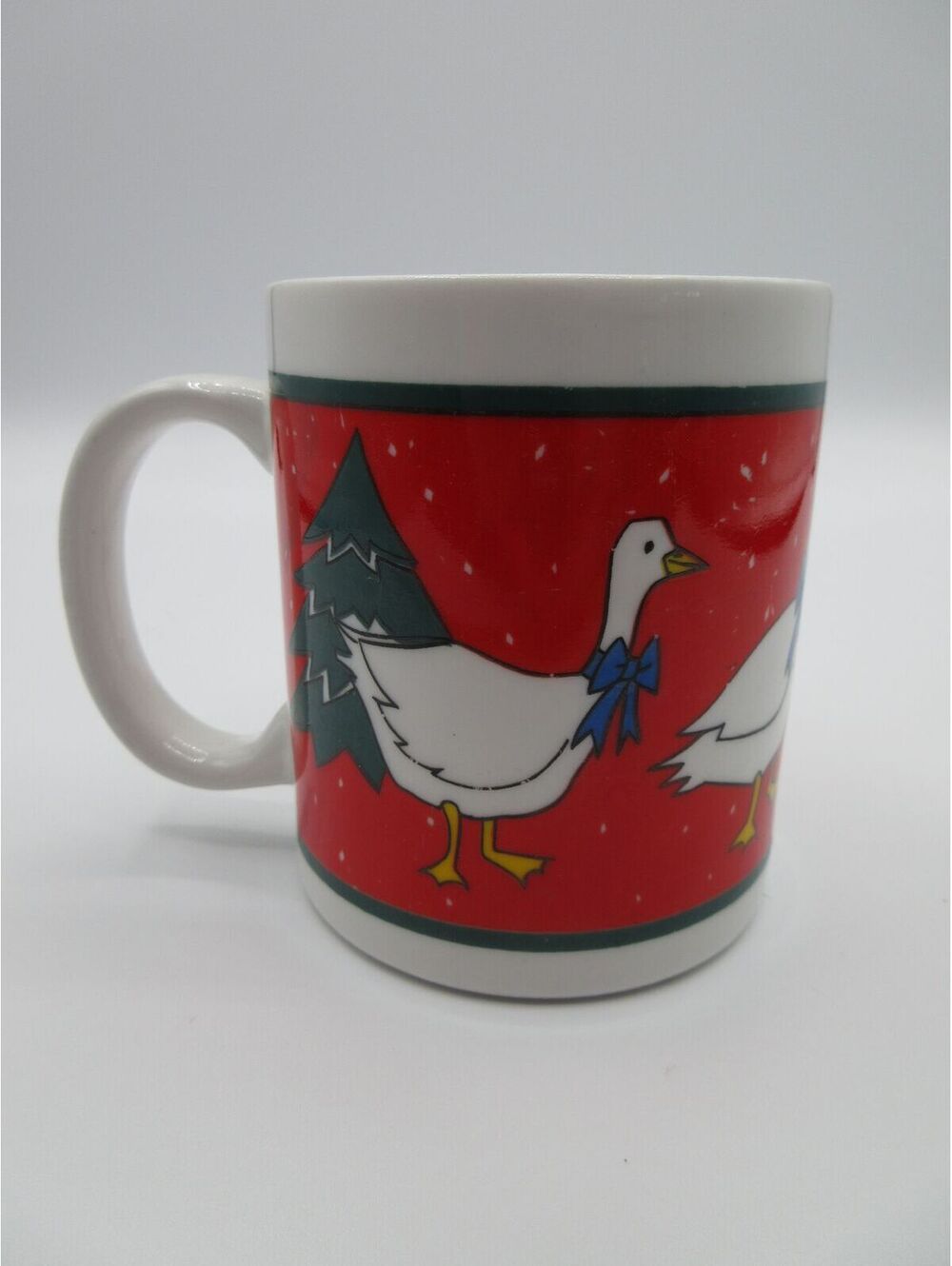 64. Vintage Christmas Goose Mug Red Green Blue Bow Holiday Country